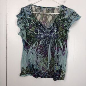 Unity World Wear Y2K Top Fitted Dyed Print Ruffle Cap Sleeve Womens L Stretchy